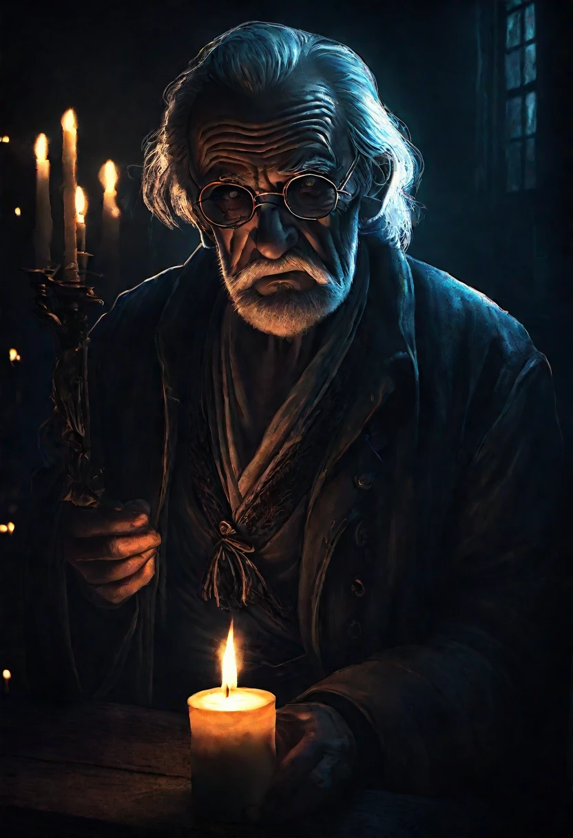 رجل عجوز مع رقعة عين في ظلمة الليل, يحمل شمعة في يده, (وجه مضاء بضوء الشموع:1.3), عالية الدقة, 8 كيلو, مفصلة, سينمائي, الإضاءة الدرامية, chiaroscuro, جو متقلب المزاج, واقعية