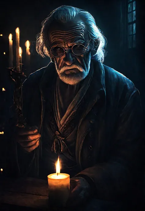old man with eye patch in the gloom of night, holding a candle in his hand, (face illuminated by candlelight:1.3), HD, 8K, detai...