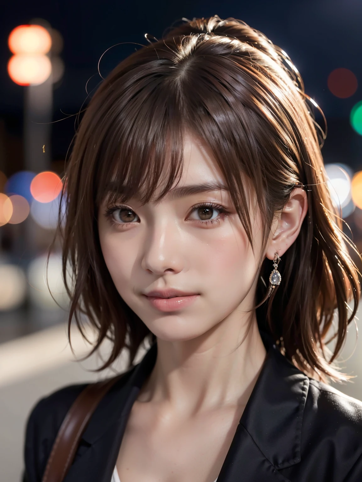 Ein japanisches Idol, (RAW-Fotos, höchste Qualität), (realistisch, fotorealistisch:1.4), Tischplatte, sehr zart und schön, Sehr detailiert, 8K Hintergrundbild, wunderbar, Im Detail, Sehr detailiertCG Unity, Hohe Auflösung, Sanftes Licht, schön detailliert 2, Sehr detailiert目と顔, wunderschön detaillierte Nase, Schöne Liebe zum Detail,Kinobeleuchtung,Lichter der Stadt bei Nacht,dünn,lächeln, (Mittellanges Haar, Meine Haare sind unordentlich, Asymmetrischer Pony, leicht braunes Haar), Higuchi_Madoka