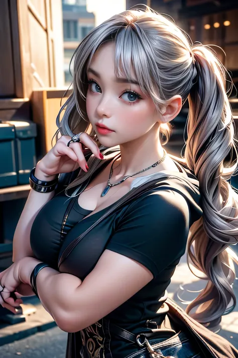 a breathtakingly beautiful girl with long silver hair in twin tails, wearing a vintage gothic hoodie, paused mid-motion with a c...