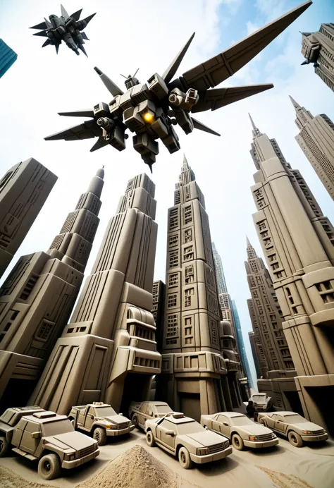 sand sculpture style,  autobots and decepticons flying between cities，angular mechanical structure，high-rise buildings，strong se...