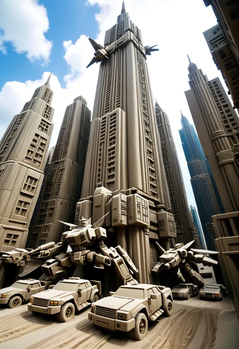 sand sculpture style,  autobots and decepticons flying between cities，angular mechanical structure，high-rise buildings，strong se...