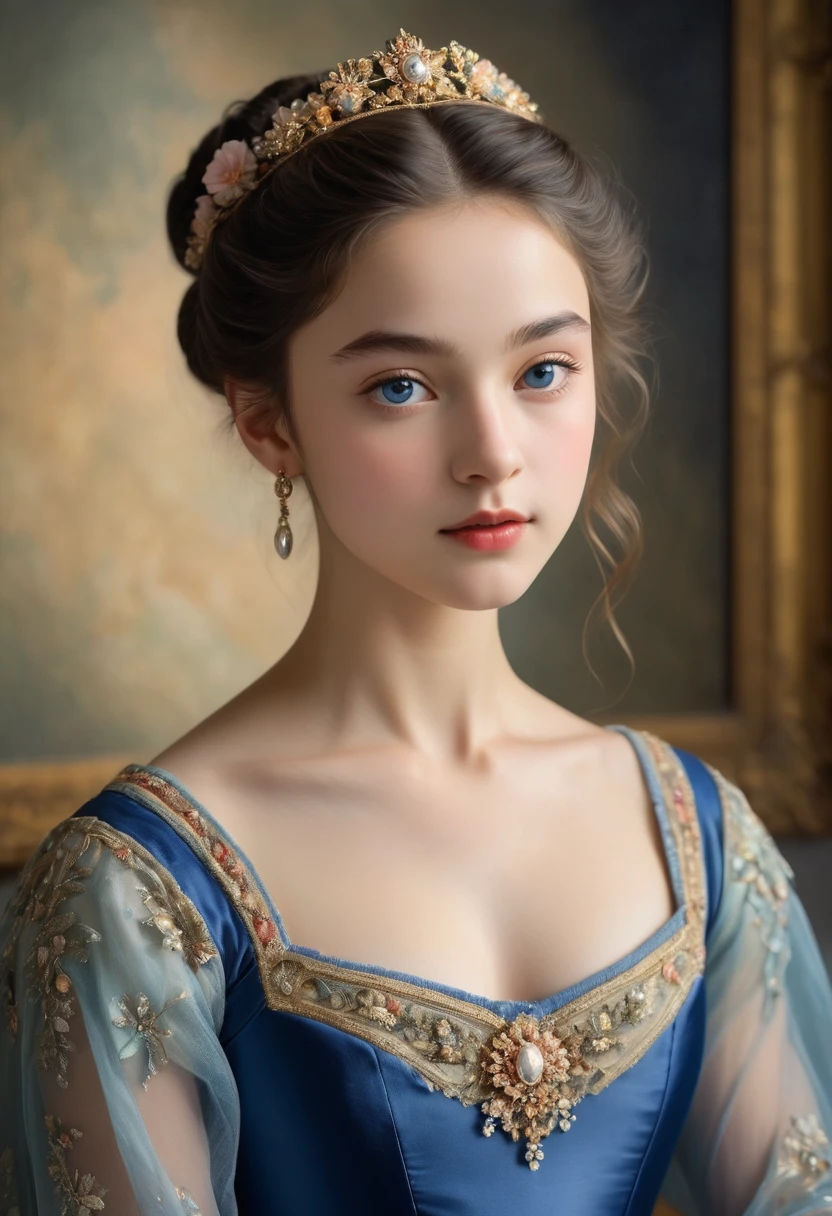 (highres,masterpiece:1.2),(realistic:1.37)"(best quality, highres, ultra-detailed, realistic),beautiful 19th-century portrait of a 16-year-old French ballet dancer, (She is half French and half Japanese, and is a stunning beauty with dark blue eyes and a high nose:1.1), elaborate ballet costume, detailed facial features, long graceful neck, flowing locks of hair, poised and elegant posture, soft and delicate lighting, classic oil painting medium, vibrant colors, subtle background with floral motifs", dreamy atmosphere, Surrealism,mystical aura