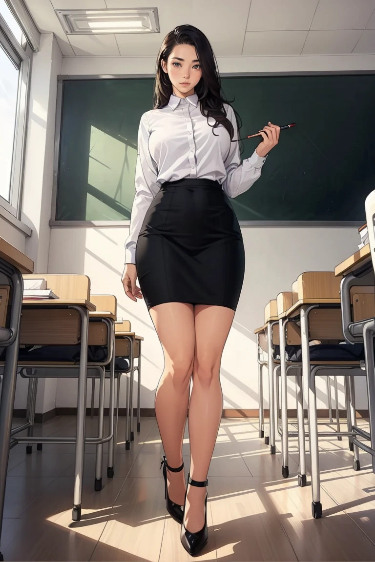 1 female, teacher, straight black very long hair, thick eyebrows, large breast, wearing long sleeve white shirt and black pencil skirt, black heels, front view, view from below, fullbody shot, inside empty classroom, blushing, embarrased, eyes half open, standing, 