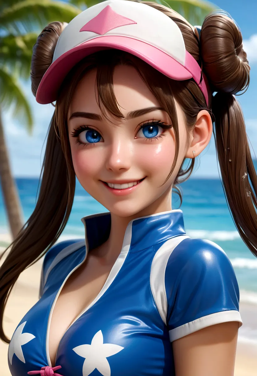 twintails, smile, perfect eyes:1.2, wet, skindentation, wet skin, sweat, glossy skin, detailed eyes:1.4, ro1, beach, long hair:1...