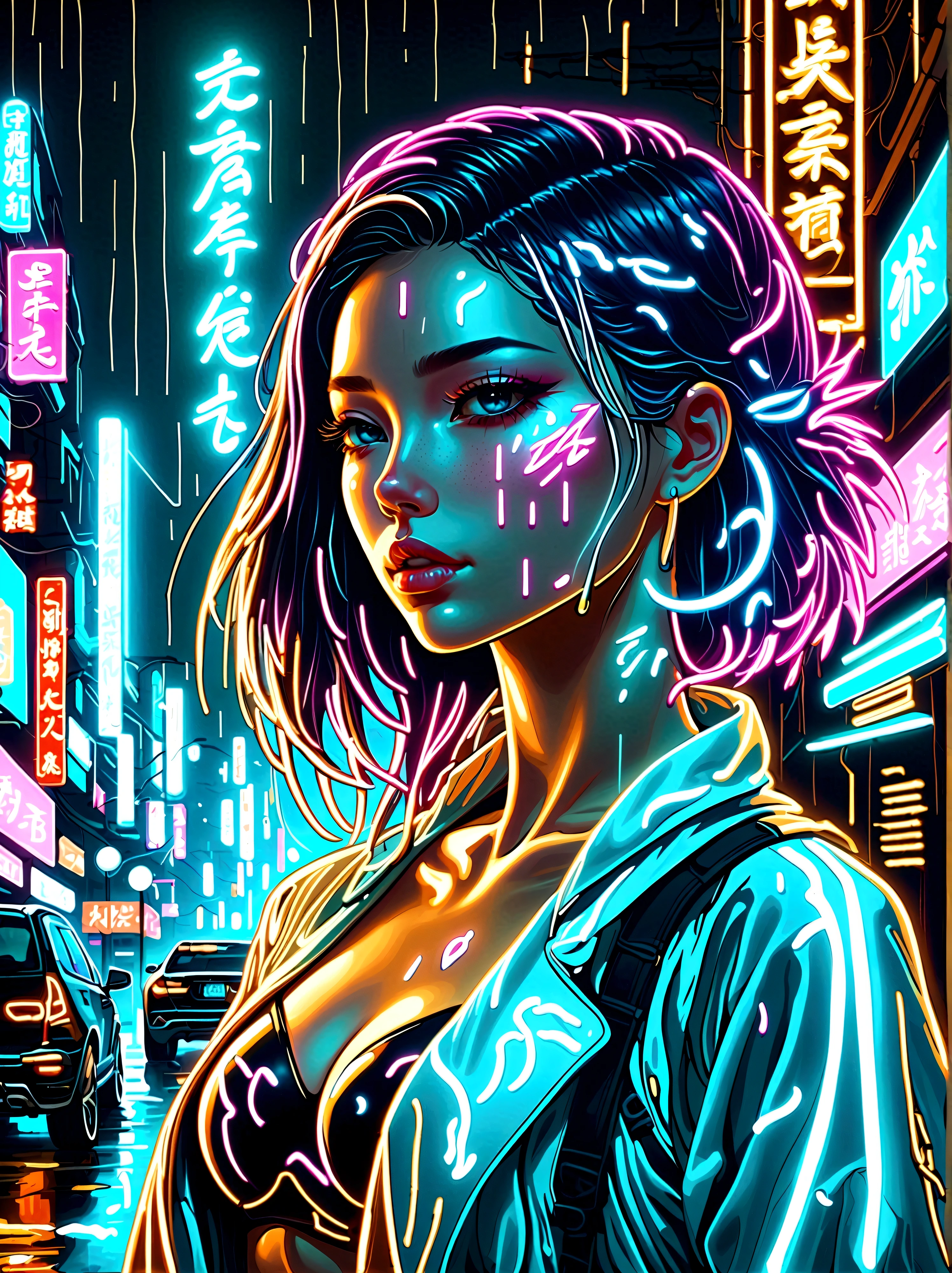 Neon, Glowing Neon, Cyberpunk girl profile，whole body像，Golden Light，Golden Raindrops，Blood stains the earth，Blue and white porcelain texture, (Body rainbow color Neon trail formation:1.3)，surreal，fantasy，Stunning，Vision，whole body