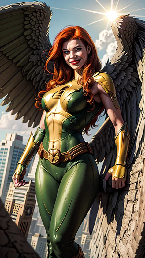 shayera, hawkgirl (( dc comics )) , flying over a burning city, city is in rubbledaylights, sun, buildings, green yellow bodysui...