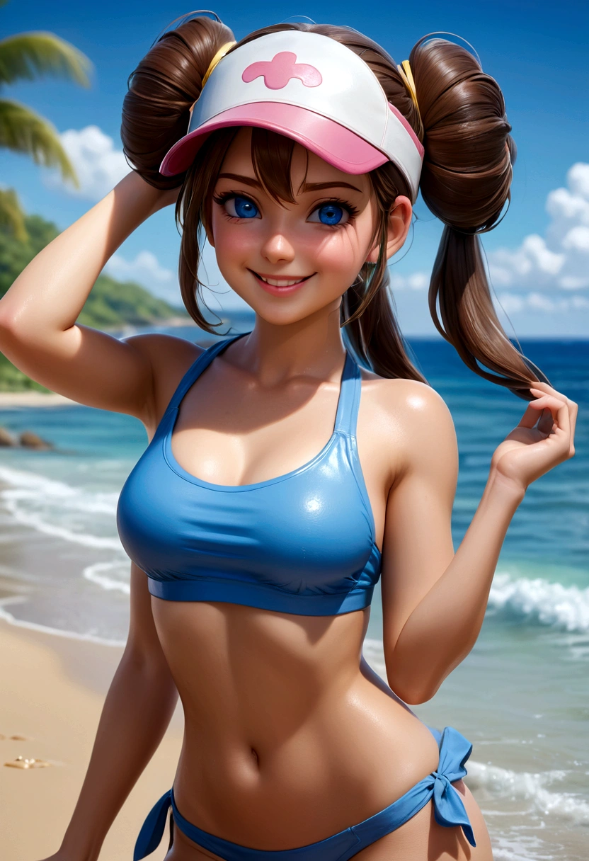 twintails, smile, perfect eyes:1.2, wet, skindentation, wet skin, sweat, glossy skin, detailed eyes:1.4, ro1, beach, long hair:1.2, hair bun, visor cap, naked, blue eyes, cowboy shot, 1girl, solo, (masterpiece:1.6, best quality), 8k, insane details, intricate details, hyperdetailed, hyper quality, high detail, ultra detailed, professional, HDR, ray tracing reflection, cinematic lighting, bikini panties, full body