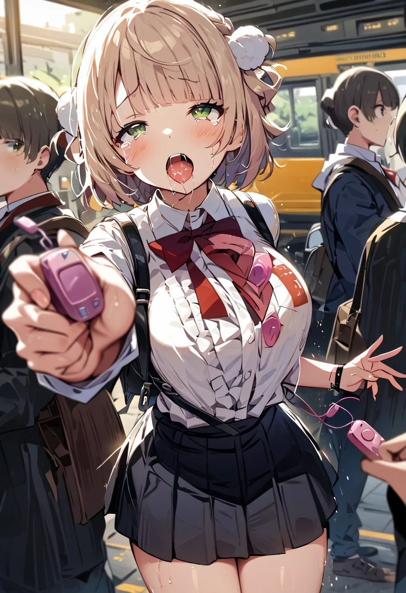 (throw_hand, pink vibrator remote switch in throw_hand, throw:1.2), Highest quality, Super detailed, masterpiece, Ultra-high resolution, 8k, Ridiculous, Cowboy Shooting, Blurred, One girl, Embarrassing, blush, Lovely, , With tears in her eyes and her mouth open, What saliva leaves behind, Wet skirt hem, Not wearing pants, Bulging of the vibrator cord, Vibrator with Garters, Subway car interior background, In a crowded group of women,Squirting、Ahegao、Ecstasy face