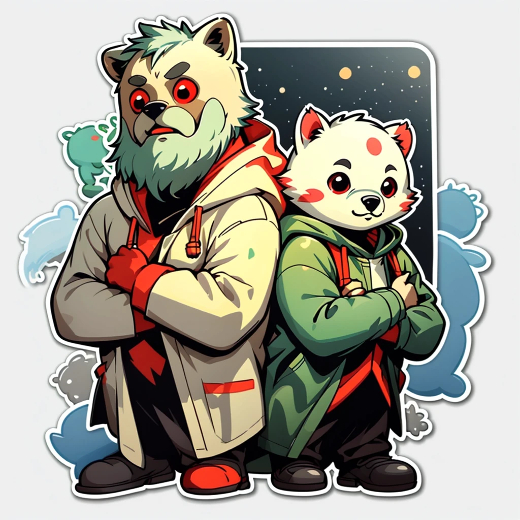 1 sticker, (stickers, jinpei), watercolor, white background, simple background, minimal, tiny, pastel color, vector style, no gradient, green bear with white coat and hood and black t-shirt inside and beard and white eyebrows and red eyes,