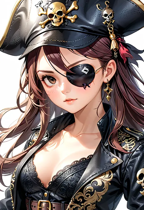 illustration of a Pirates girl with Eyepatch, (single eyepatch:1.5), black leather single eye patch, hat, intricate detailed eye...
