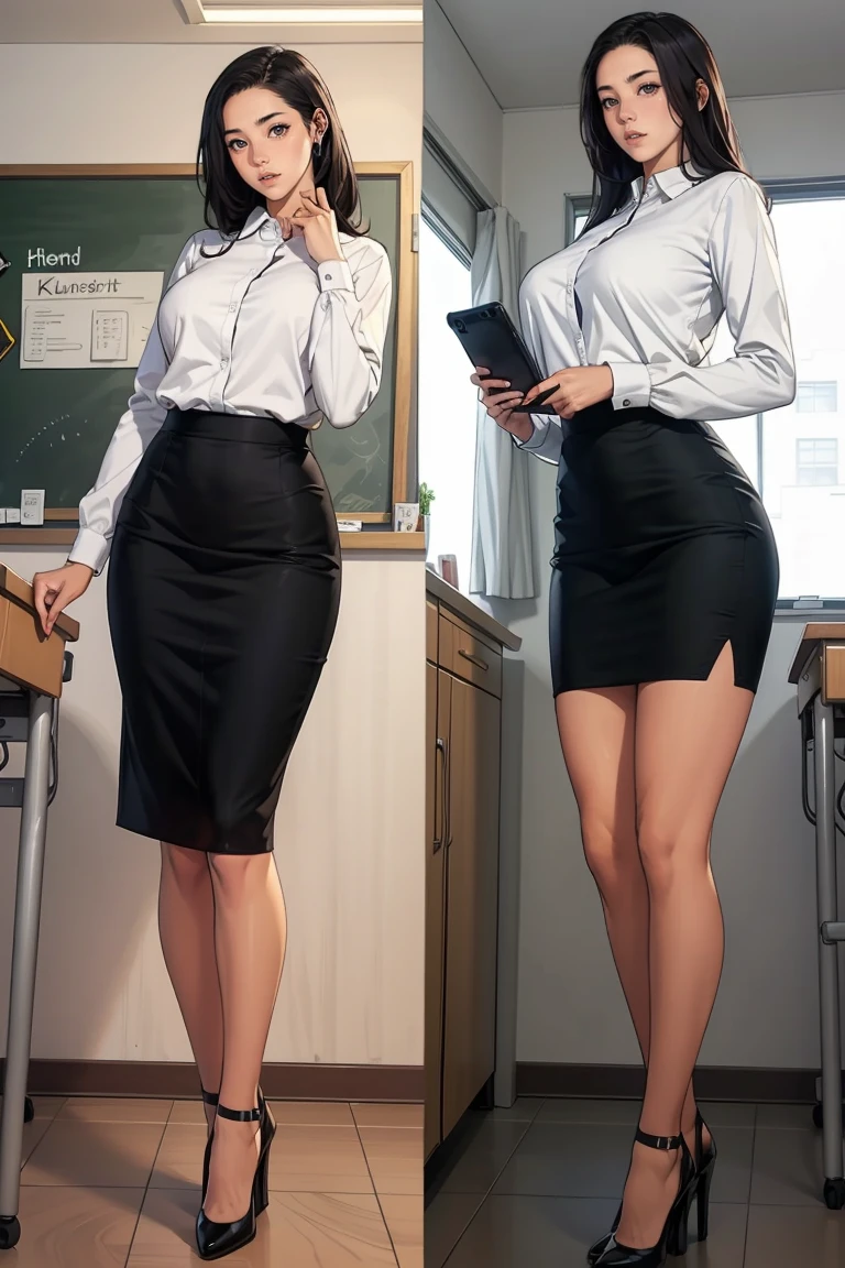 1 female, teacher, straight black very long hair, thick eyebrows, large breast, wearing long sleeve white shirt and black pencil skirt, black heels, front view, view from below, fullbody shot, inside empty classroom, blushing, embarrased, eyes half open, standing, open mouth wide, watching her black phone, medium length skirt, 