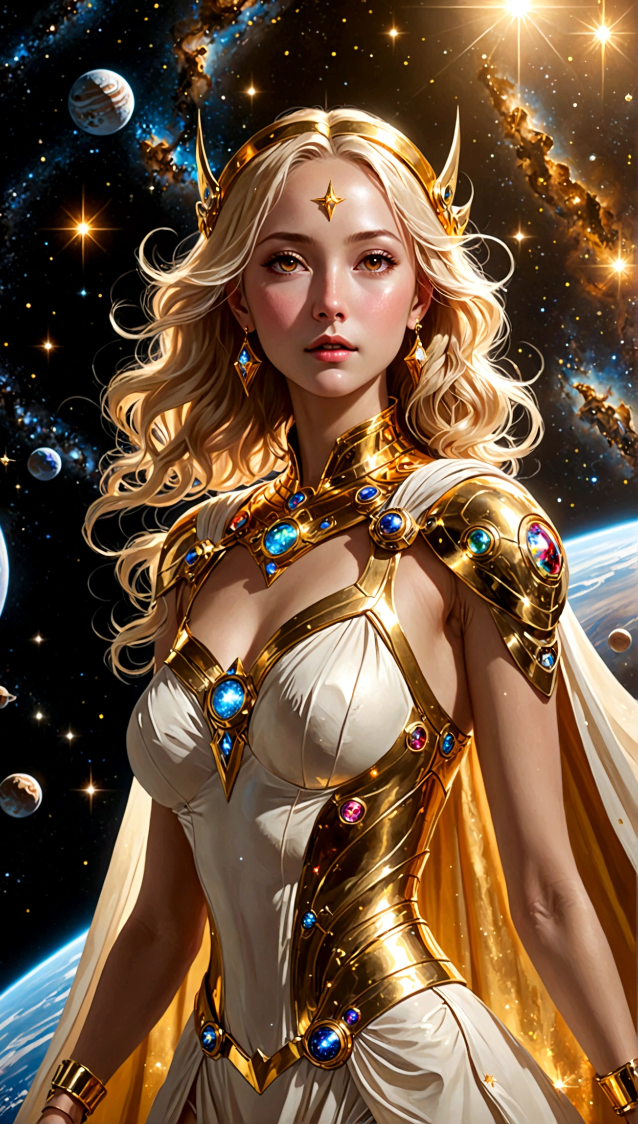 (masterpiece、Highest quality、High resolution、8k)、((Alone in space、Beautiful Goddess、Standing posture、(whole body)、The short body is ideal))、Golden Cape、White long dress、No sleeve、Gold Bracelet、Blonde Hair、Beautiful brown eyes、Graceful operation、Professional Lighting、The universe is full of light、Countless stars and nebulae、