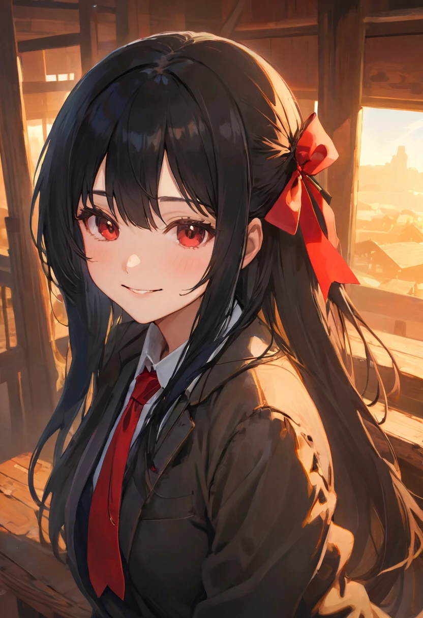 cowboy shot, (masterpiece, best quality:1.6), backlighting, highres, sharp focus, highest detailed, 
BREAK 1girl, long hair, black hair, straight hair, blunt bangs, warm smile, leaning forward, 
BREAK (sera-fuku, red ribbon tie, highsighs:1.1), 
BREAK from above, look at viewer, 
