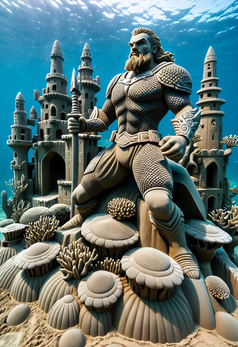 Sand sculpture style,  Aquaman cruises the underwater kingdom，Scale Armor，Coral Castle，Deep ocean feeling。