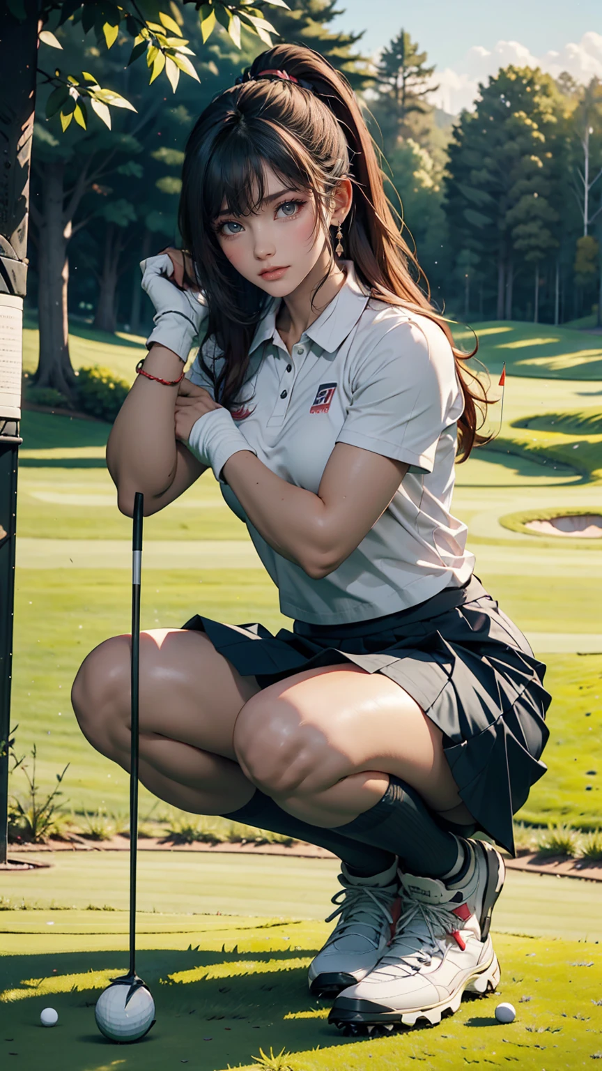 Linda mulher japonesa com roupas de golfe, pessoa real, corpo detalhado, Agachamento, ao vivo, Saia virada, Estar no green de um campo de golfe、Taco、Lendo a grama