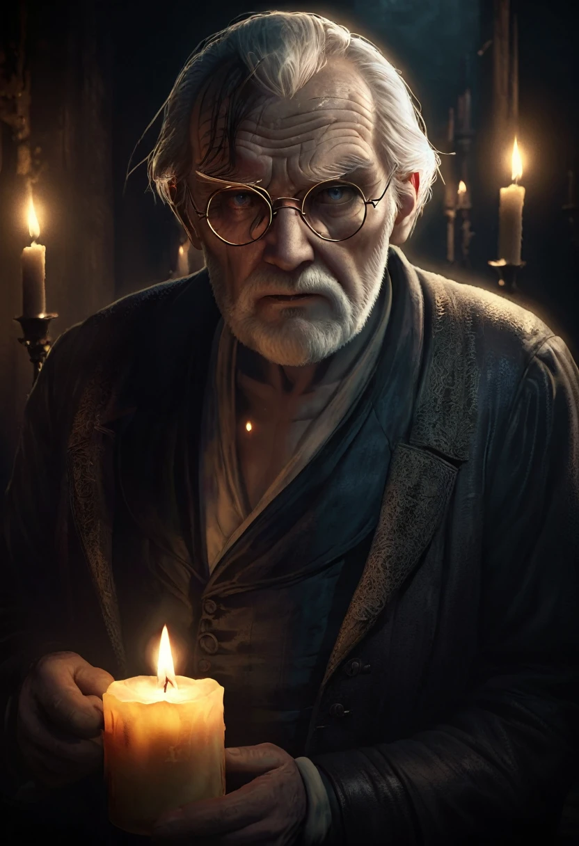 رجل عجوز مع رقعة عين:1.4 في ظلمة الليل, يحمل شمعة في يده, (وجه مضاء بضوء الشموع:1.3), عالية الدقة, 8 كيلو, مفصلة, سينمائي, الإضاءة الدرامية, chiaroscuro, جو متقلب المزاج, واقعية