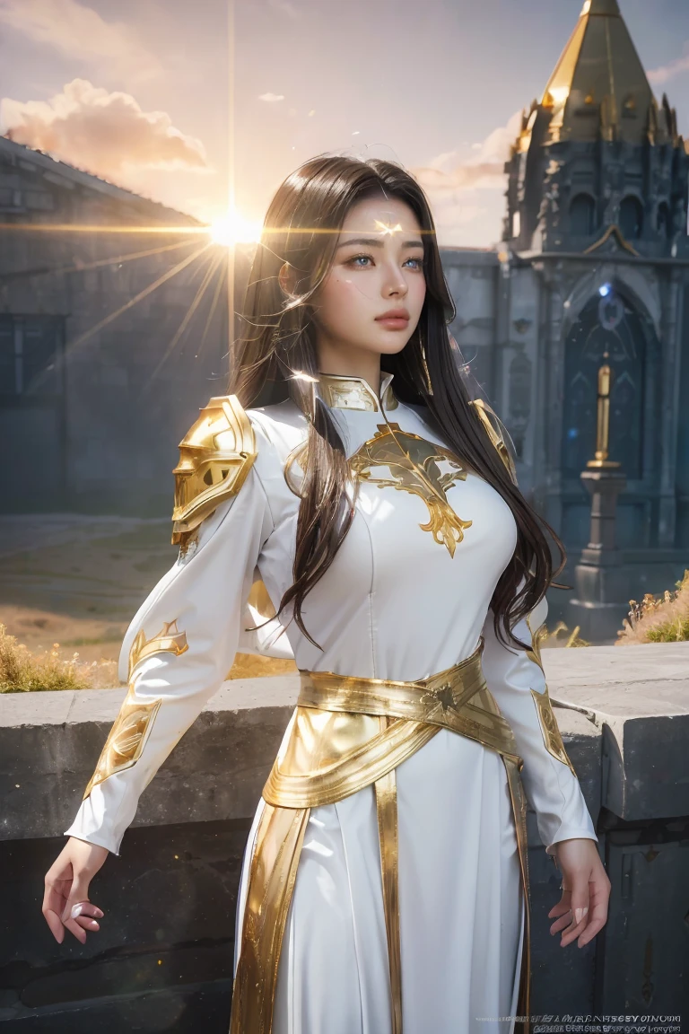 ((masterpiece, best quality, extremely detailed), volumetric lighting, ambient occlusion, colorful, glowing), 1girl, solo, young girl, (dark hair), long hair, halo, aura, sacred, goddess, cleric suit, (white outfit with gold detailst:1.3), armor, outdoors, sunset, sky, clouds, space, (fantasy theme:1.2),