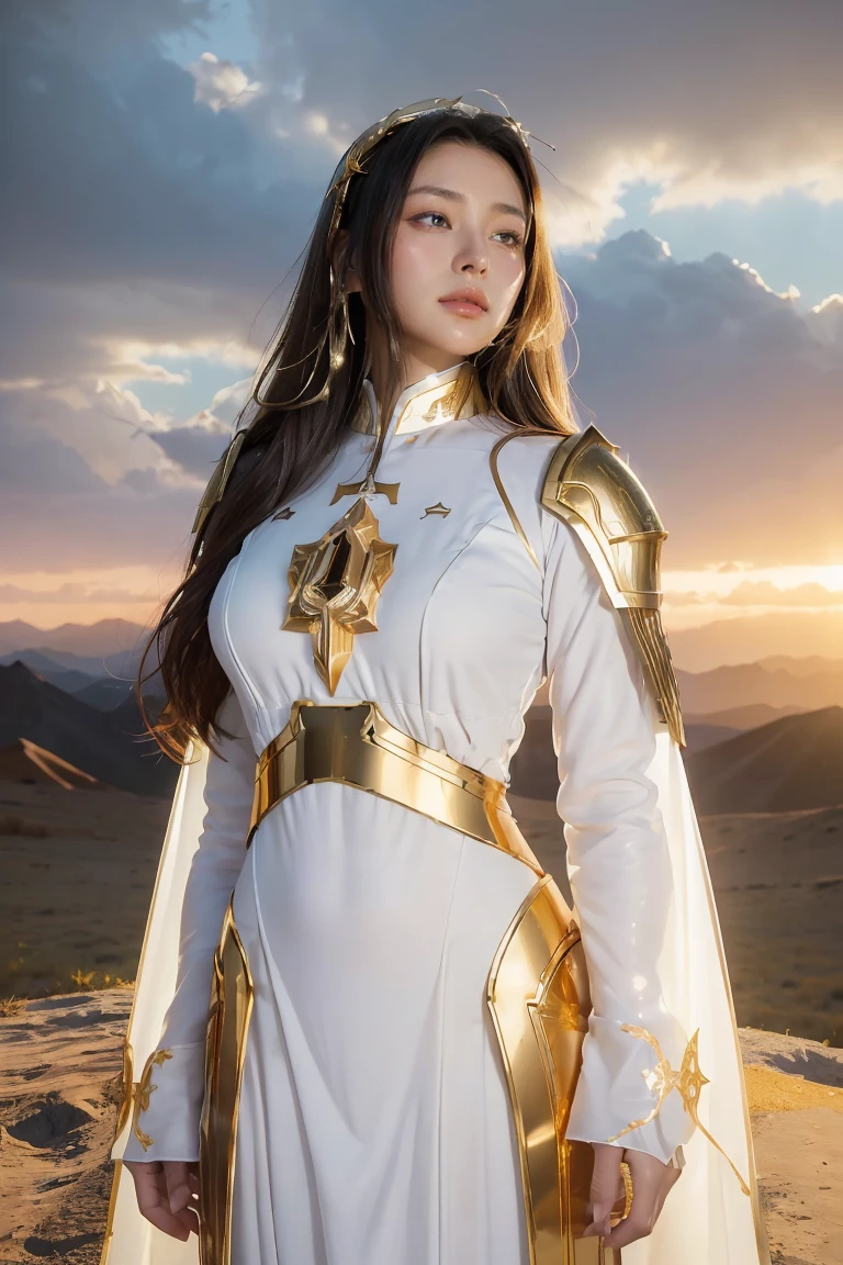 ((masterpiece, best quality, extremely detailed), volumetric lighting, ambient occlusion, colorful, glowing), 1girl, solo, young girl, (dark hair), long hair, halo, aura, sacred, goddess, cleric suit, (white outfit with gold detailst:1.3), armor, outdoors, sunset, sky, clouds, space, (fantasy theme:1.2),