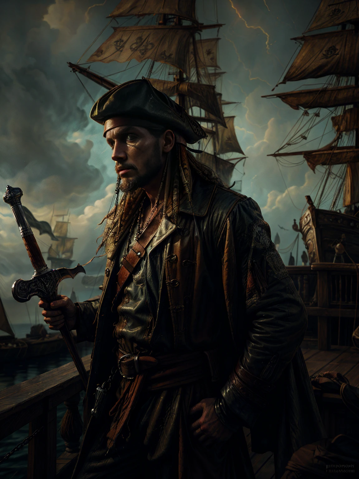 a pirate with an eye patch, bearded, rugged face, wearing a tricorn hat, holding a sword, on a pirate ship deck, dramatic lighting, cinematic composition, digital painting, cinematic lighting, muted color palette, moody atmosphere