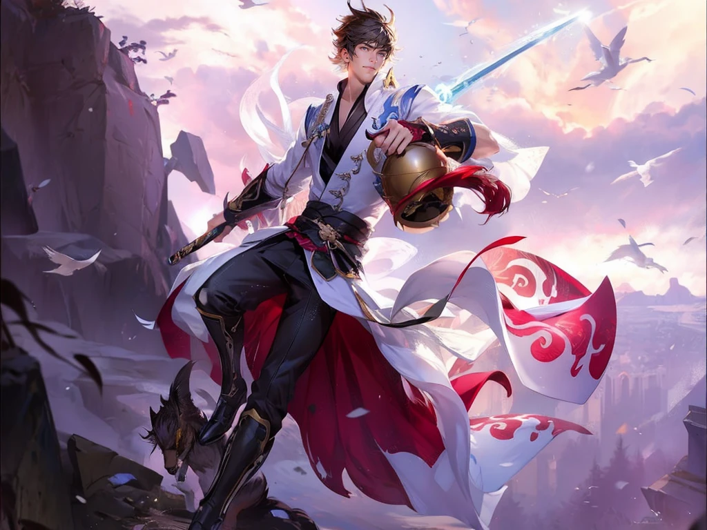 um close up de uma pessoa segurando uma espada e um porongo, por Yang J, Heise Jinyao, keqing do impacto genshin, zhongli do impacto genshin, cai xukun, arte oficial, mobile wallpaper, handsome guy in anime art, inspired por Yang Jin, Qi Yang, inspirado em Huang Shen, liang xing