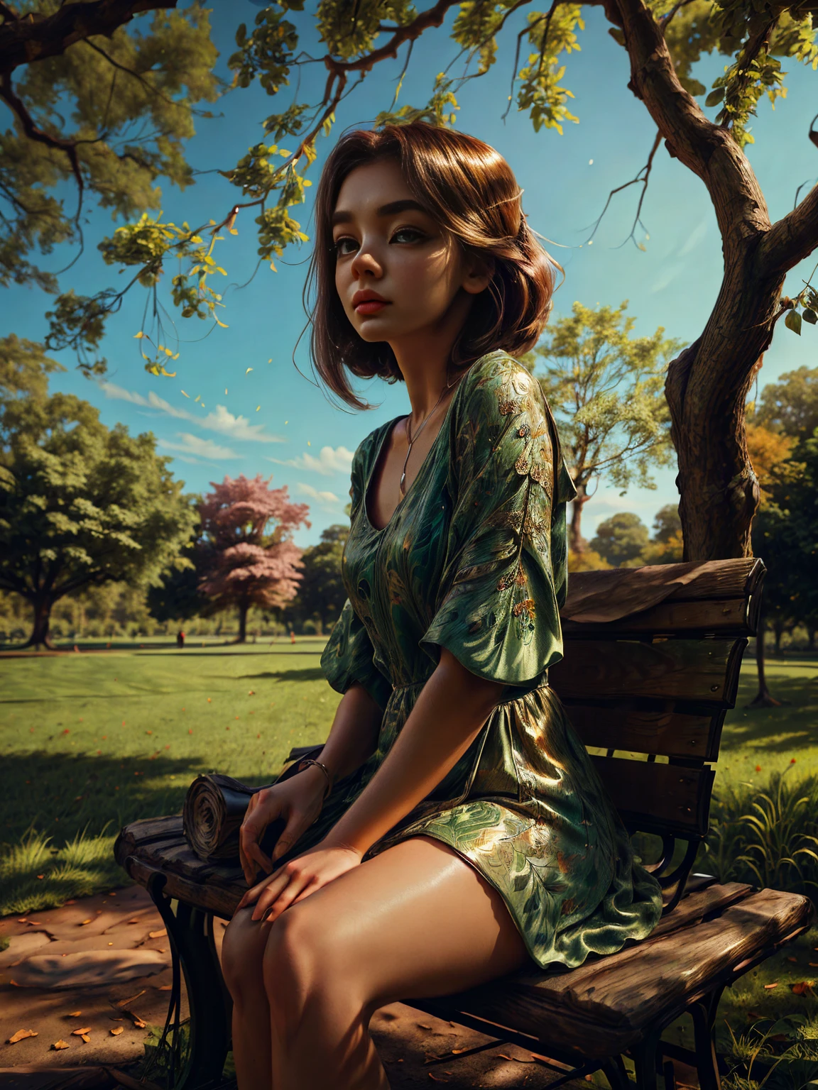 une belle fille détaillée dans un parc verdoyant, Yeux détaillés, visage détaillé, long cils, cheveux détaillés, robe élégante, assis sur un banc sous un arbre, la lumière du soleil tachetée à travers les feuilles, couleurs vives, photoréaliste, 8k, haute qualité, éclairage cinématographique, portrait