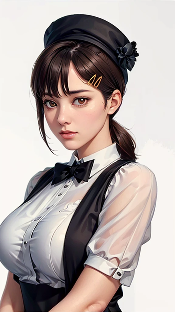 (（（Perfect body,White and tender skin,（（（Black strap dress, black long bow tie, white lining, black hat）））,（（（kobeni higashiyama, black hair, hair ornament, hairclip,  ponytail, short hair, (brown eyes:1.5),）））,((masterpiece)),highres,((Best quality at best)),masterpiece,quality,Best quality,(（（ Exquisite facial features,Looking at the audience,There is light in the eyes,(（（pain，endure））），）））,（（（Light and shadow,Huge breasts,）））,（（（Looking at the camera,White background)））)