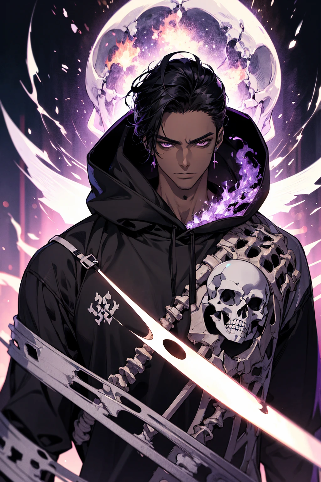 male with bones, looking away from camera, skulls, bones, handsome, black, dark skin, tall, broad shoulders, black hair, purple, purple fire, magic, detailed face, fantasy, hoodie