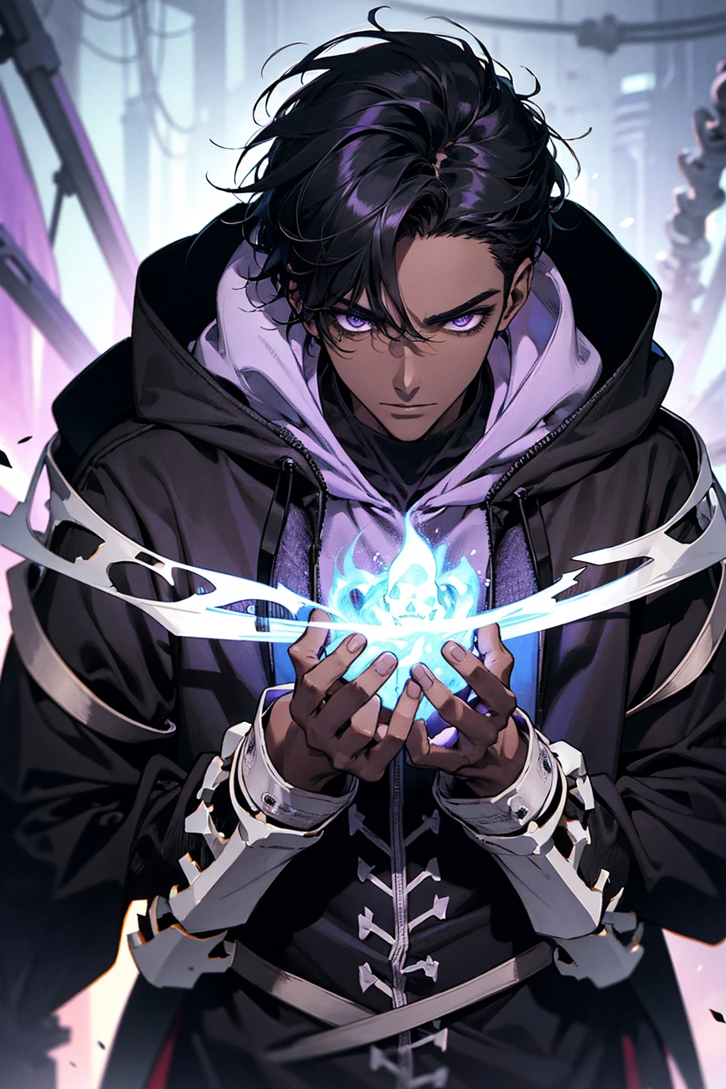 male with bones, looking away from camera, skulls, bones, handsome, black, dark skin, tall, broad shoulders, black hair, purple, purple fire, magic, detailed face, fantasy, hoodie