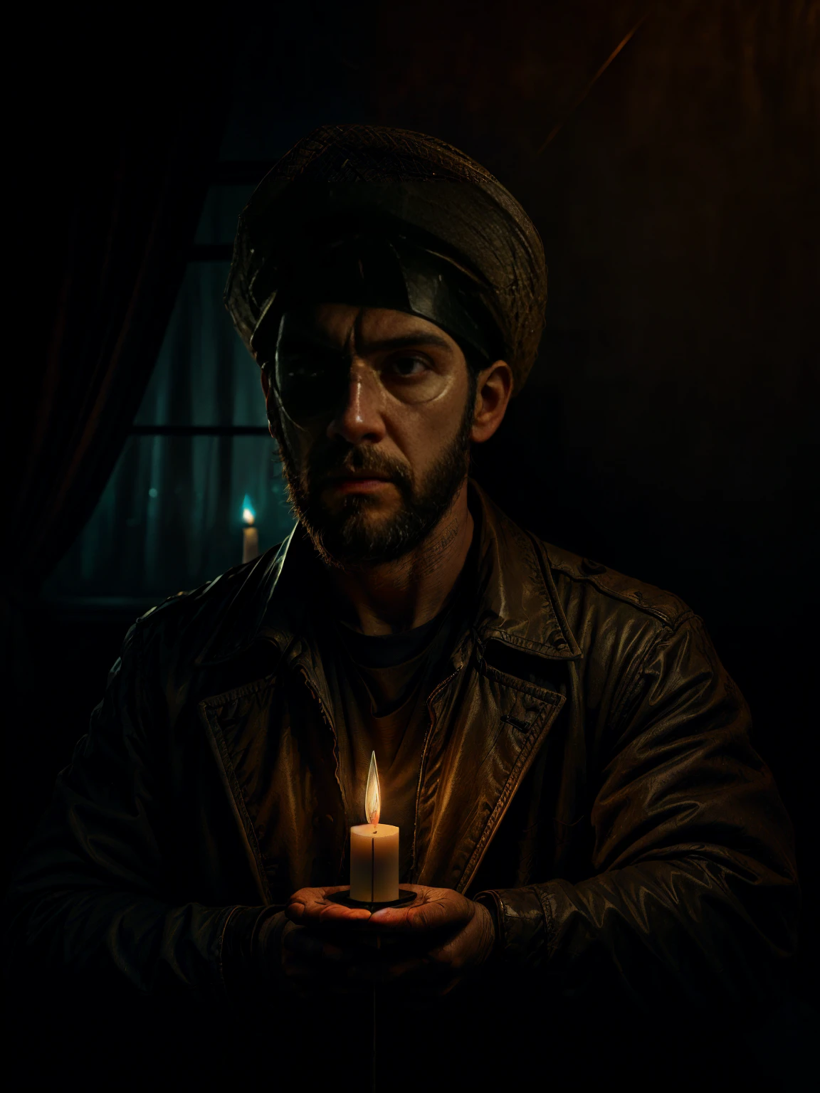 an anxious man with an eye patch, bearded and rugged face, wearing a hat, holding a candle, in a dark room, dramatic lighting, film composition, digital painting, film lighting, muted color palette, moody atmosphere