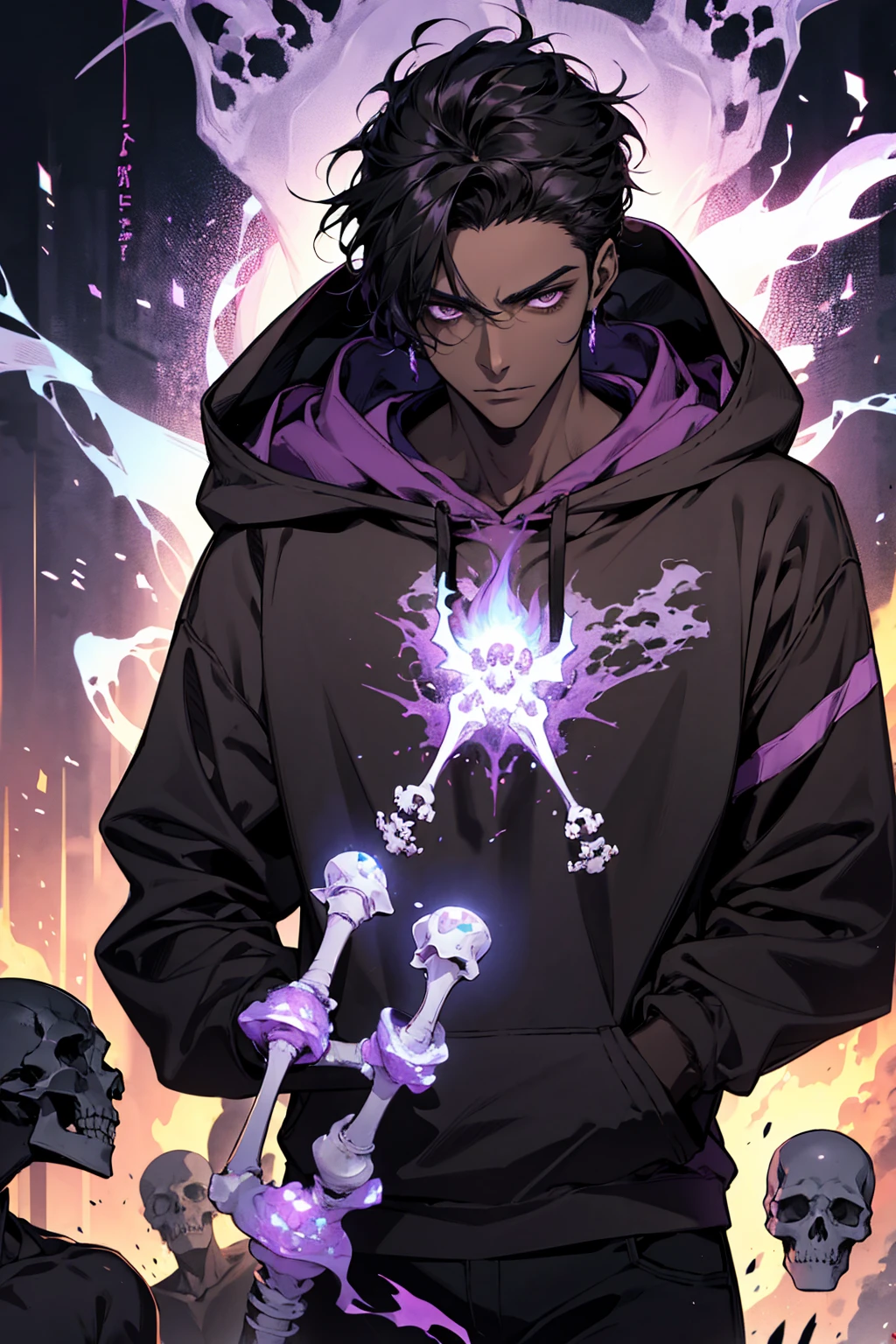 male with bones, looking away from camera, skulls, bones, handsome, black, dark skin, tall, broad shoulders, black hair, purple, purple fire, magic, detailed face, fantasy, hoodie