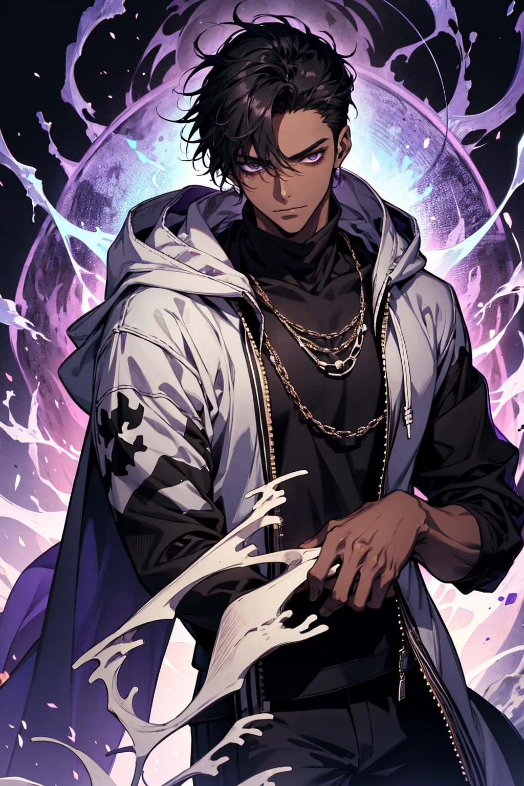 male with bones, looking away from camera, skulls, bones, handsome, black, dark skin, tall, broad shoulders, black hair, purple, purple fire, magic, detailed face, fantasy, hoodie