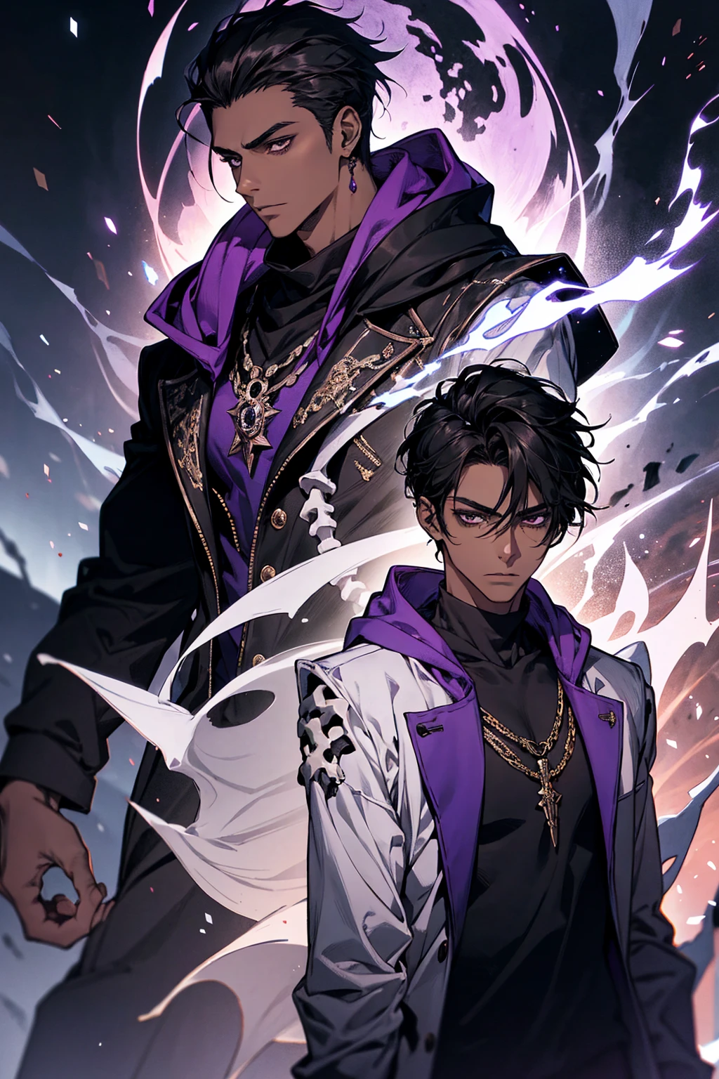 male with bones, looking away from camera, skulls, bones, handsome, black, dark skin, tall, broad shoulders, black hair, purple, purple fire, magic, detailed face, fantasy, hoodie