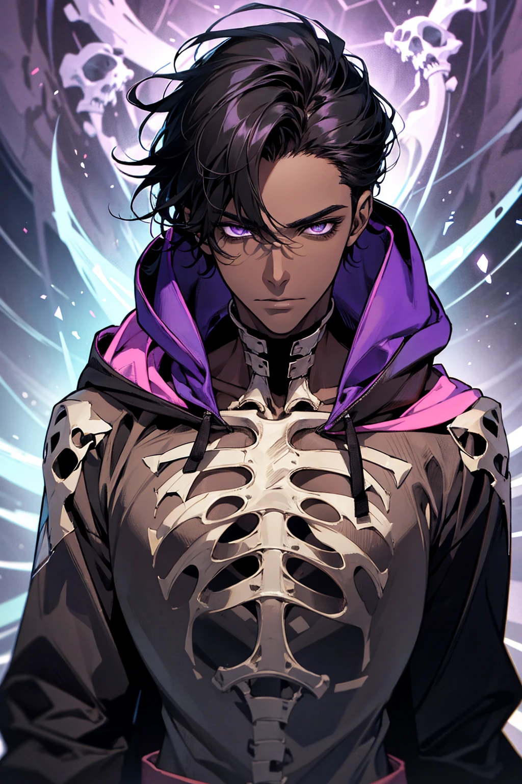 male with bones, looking away from camera, skulls, bones, handsome, black, dark skin, tall, broad shoulders, black hair, purple, purple fire, magic, detailed face, fantasy, hoodie