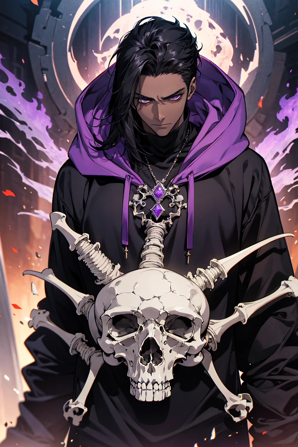 male with bones, looking away from camera, skulls, bones, handsome, black, dark skin, tall, broad shoulders, black hair, purple, purple fire, magic, detailed face, fantasy, hoodie