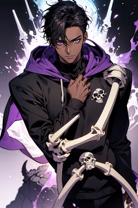 male with bones, looking away from camera, skulls, bones, handsome, black, dark skin, tall, broad shoulders, black hair, purple,...