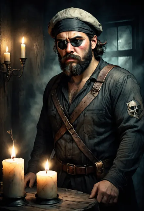 ((an anxious man with an eye patch:1.4)), bearded and rugged face, wearing a hat, holding a candle, in a dark room, dramatic lig...