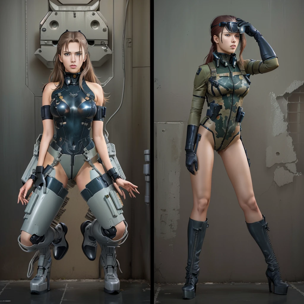 there are two pictures of a woman in a uniform and a man in a suit, metal gear solid art style, metal gear solid style, metal gear solid inspired, inspired by Masamune Shirow, metal gear solid anime cyberpunk, video game fanart, from metal gear, metal gear style, commission for high res, cyberpunk women, metal gear solid concept art