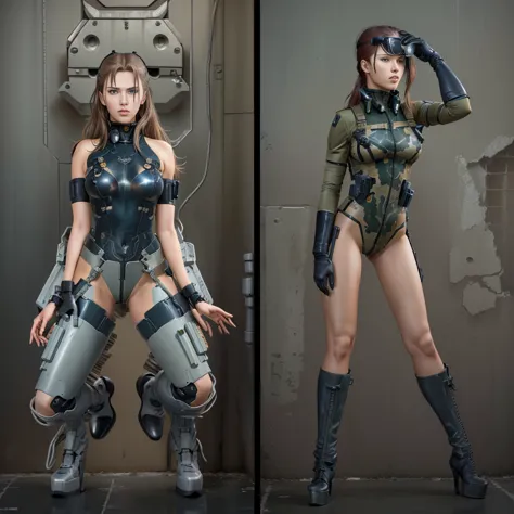 there are two pictures of a woman in a uniform and a man in a suit, metal gear solid art style, metal gear solid style, metal ge...