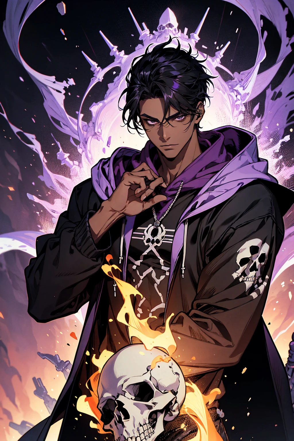 male with bones, looking away from camera, skulls, bones, handsome, black, dark skin, tall, broad shoulders, black hair, purple, purple fire, magic, detailed face, fantasy, hoodie