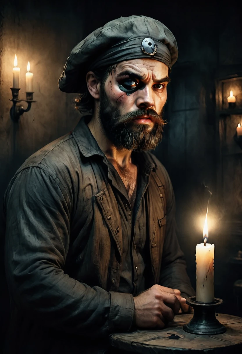 ((an anxious man with an eye patch:1.4)), bearded and rugged face, wearing a hat, holding a candle, in a dark room, dramatic lighting, film composition, digital painting, film lighting, muted color palette, moody atmosphere, HD,8k.