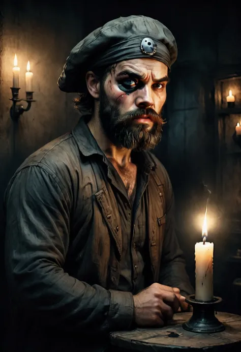 ((an anxious man with an eye patch:1.4)), bearded and rugged face, wearing a hat, holding a candle, in a dark room, dramatic lig...