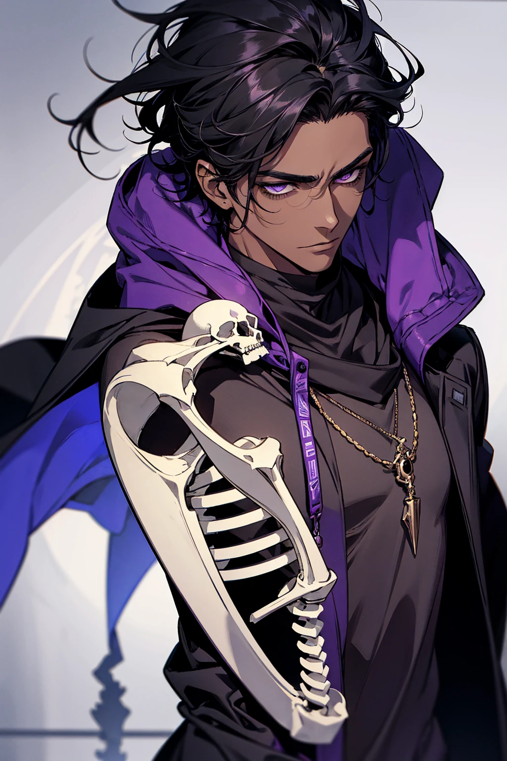 male with bones, looking away from camera, skulls, bones, handsome, black, dark skin, tall, broad shoulders, black hair, purple, purple fire, magic, detailed face, fantasy, hoodie