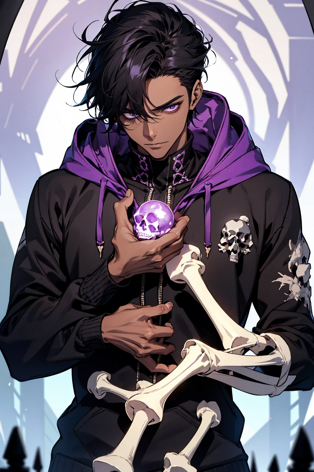 male with bones, looking away from camera, skulls, bones, handsome, black, dark skin, tall, broad shoulders, black hair, purple, purple fire, magic, detailed face, fantasy, hoodie