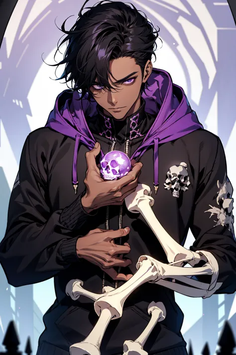 male with bones, looking away from camera, skulls, bones, handsome, black, dark skin, tall, broad shoulders, black hair, purple,...