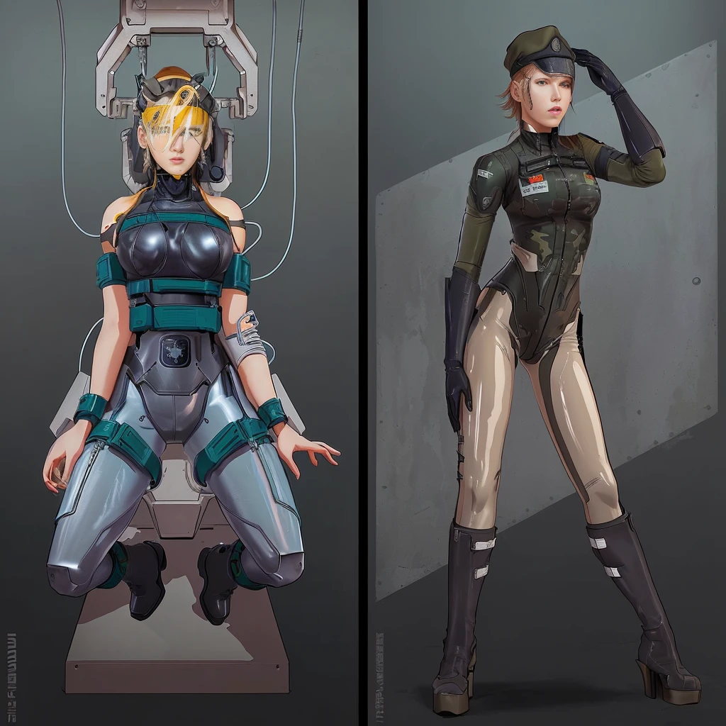 there are two pictures of a woman in a uniform and a man in a suit, metal gear solid art style, metal gear solid style, metal gear solid inspired, inspired by Masamune Shirow, metal gear solid anime cyberpunk, video game fanart, from metal gear, metal gear style, commission for high res, cyberpunk women, metal gear solid concept art