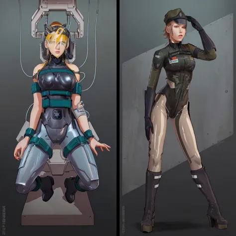 there are two pictures of a woman in a uniform and a man in a suit, metal gear solid art style, metal gear solid style, metal ge...
