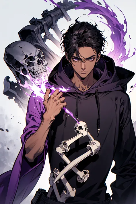 male with bones, looking away from camera, skulls, bones, handsome, black, dark skin, tall, broad shoulders, black hair, purple,...