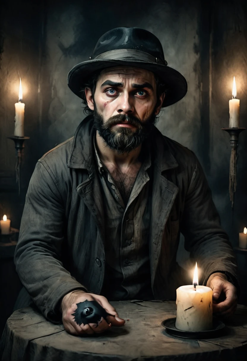 ((an anxious man with a (black patch:1.4) eye: 1.4)), rough bearded face, wearing a hat, holding a candle, in a dark room, dramatic lighting, film composition, digital painting, film lighting, muted color palette, moody atmosphere, High definition, 8k.