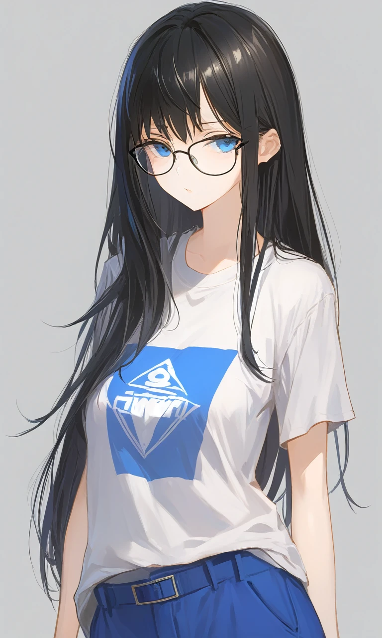 Black Hair、Long Hair、Straight bangs、Glasses、Sharp Eye、Eyelashes、Slanted Eyes、Big Breasts、blue eyes、Ｔshirt、pants、high resolution、Strong lighting